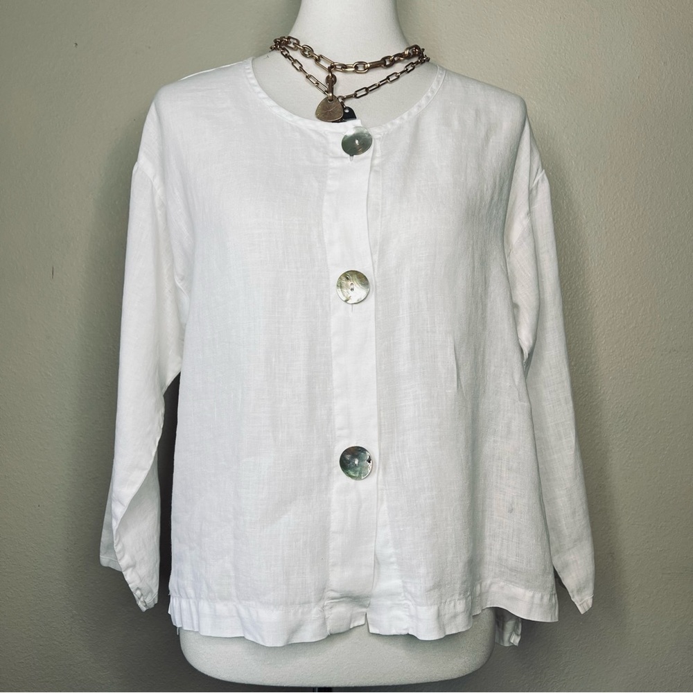 Habitat white linen Lagenlook mother of pearl button front collarless top size S